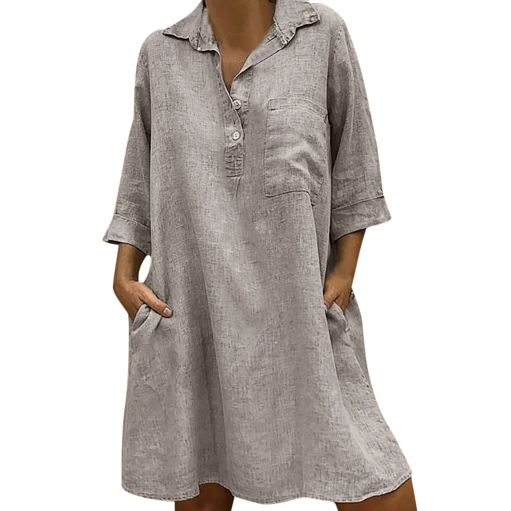 women loose cotton linen shirt dress solid turn down collar 3/4 sleeve with pocket shell button