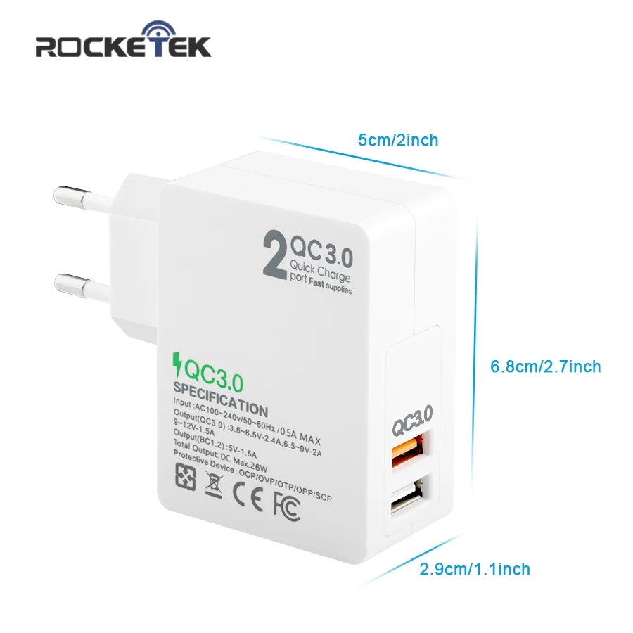 Rocketek USB Quick Charge 2 устройства 3,0 Быстрая зарядка для мобильных телефонов для iPhone samsung S6 7 huawei и т. Д., QC 2,0 подходит