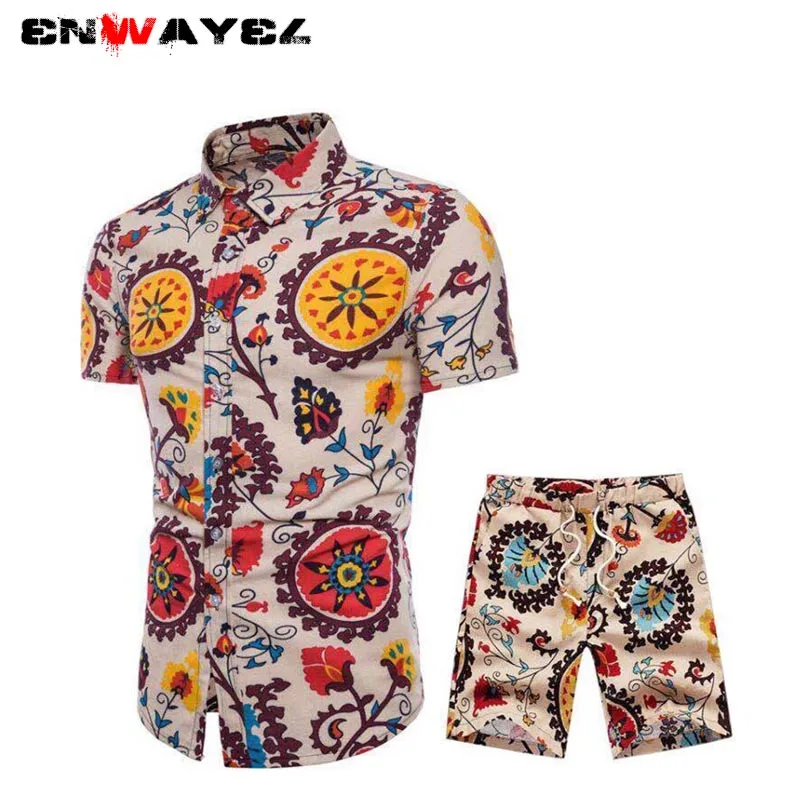 ENWAYEL 2019 весна новый национальный StShirts шорты мужской Комплект пляжный шарф с