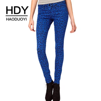 

HDY Haoduoyi Brand 2020 Color Block Blue/Purple Leopard Print Jeans Women High Waist Slim Pencil Pants Casual Jeans for Women