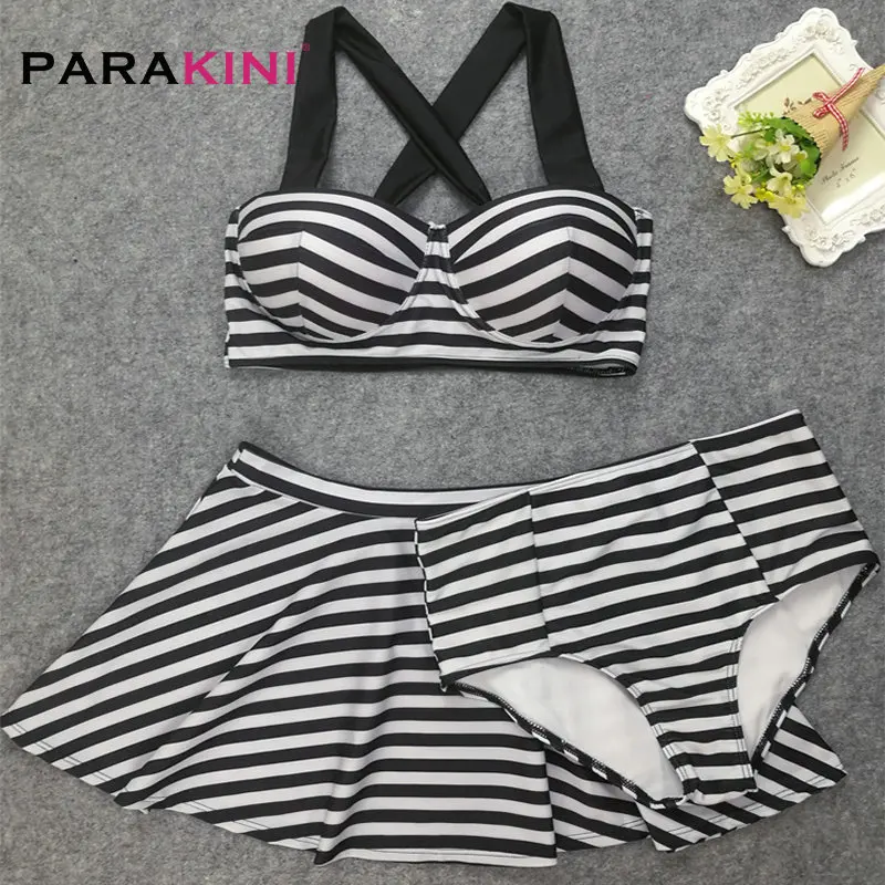 

PARAKINI 2019 Skirted Swimdress Two-piece Swimwear Women Sexy Push Up Swimsuit Female Halter Bathing Suits Striped Beachwear