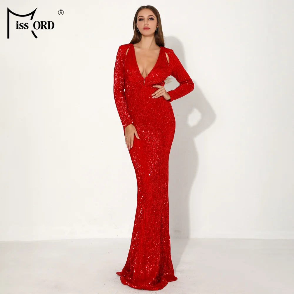 Missord Women Sexy Deep-V Long Sleeve Reflective Dresses Female Solid Color Sequin Maxi Party Dress Vestdios FT18861-1