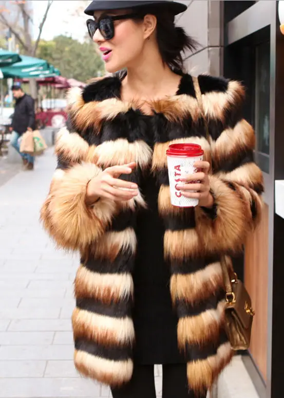 2013 Winter Hot Selling Long Striped Faux Fur Coat Luxury Fox Fur Coats