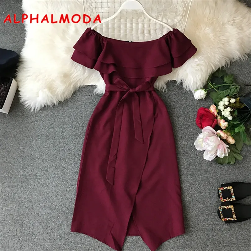 ALPHALMODA 2019 الرجعية نقية اللون تكدرت قبالة الكتف طوق الصلبة عالية الشق مثير اللباس السيدات عالية الخصر الزنانير عارضة Vestidos