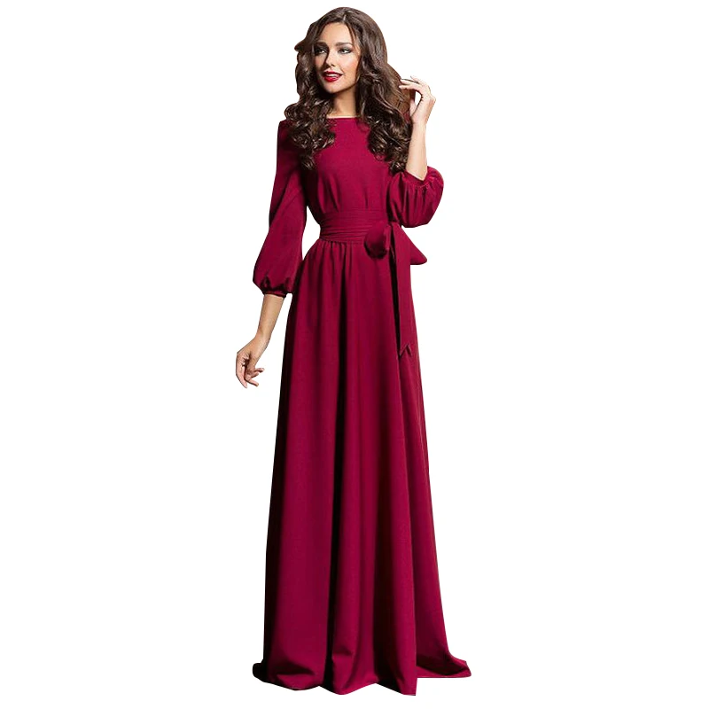 

Women Fashion 3/4 Sleeve O Neck Pockets Long Maxi Dress Ladies Elegant Solid Color Lantern Sleeve Party Dress With Belt Wine R