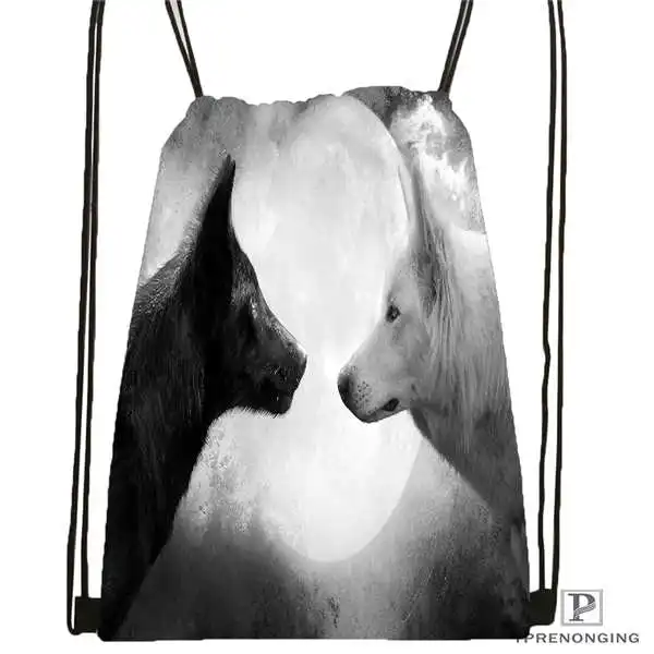 Custom Black White Wolf Drawstring Backpack Bag for Man Woman Cute Daypack Kids Satchel Black Back