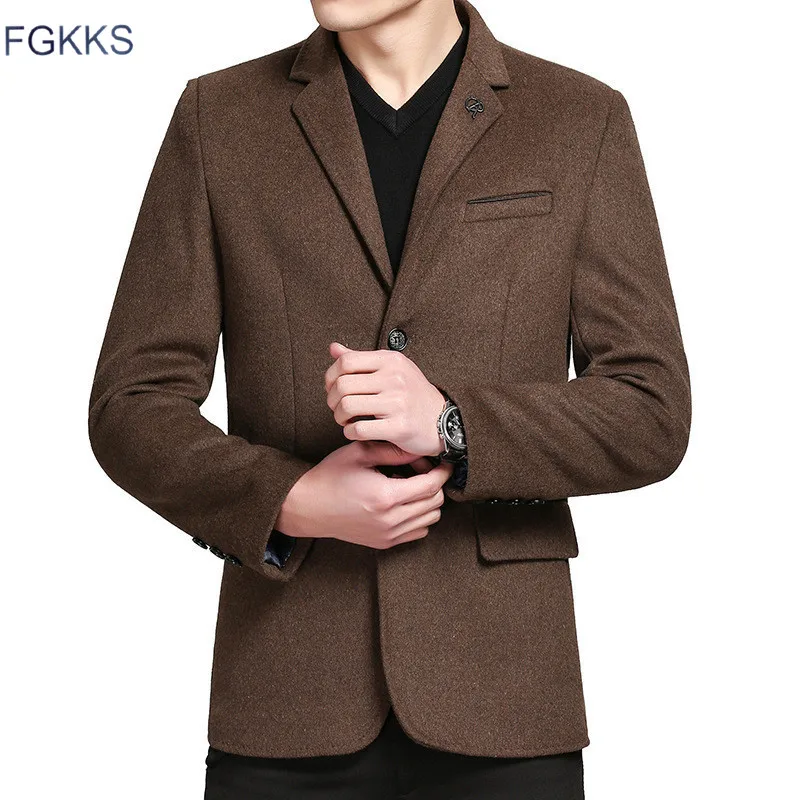 

FGKKS Men Autumn Wool Coat Men's Casual Solid Color Multi-Pocket Slim Fit Wool Blends Woolen Pea Coat Male Trench Coat Overcoat