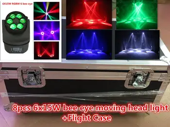 

Flight Case+8pcs High Brightness Beam Light 6x15W RGBW Bee Eye Moving Head Lights US Imported Light Beads DMX Disco Stage Lighti