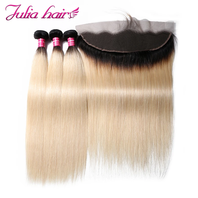 

Ali Julia Hair Ombre Blonde #T1B/613 Color Bundles With Frontal Brazilian Straight Hair Bundles With Lace Frontal 13*4 Remy Hair