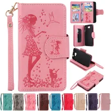 De luxe Fille & Cat Gaufrage 9 Cartes Flip Couvre Case Pour Huawei Y5 2/Huawei Y5 II 5.0 ”avec Miroir Photo Cadre Coque Funda