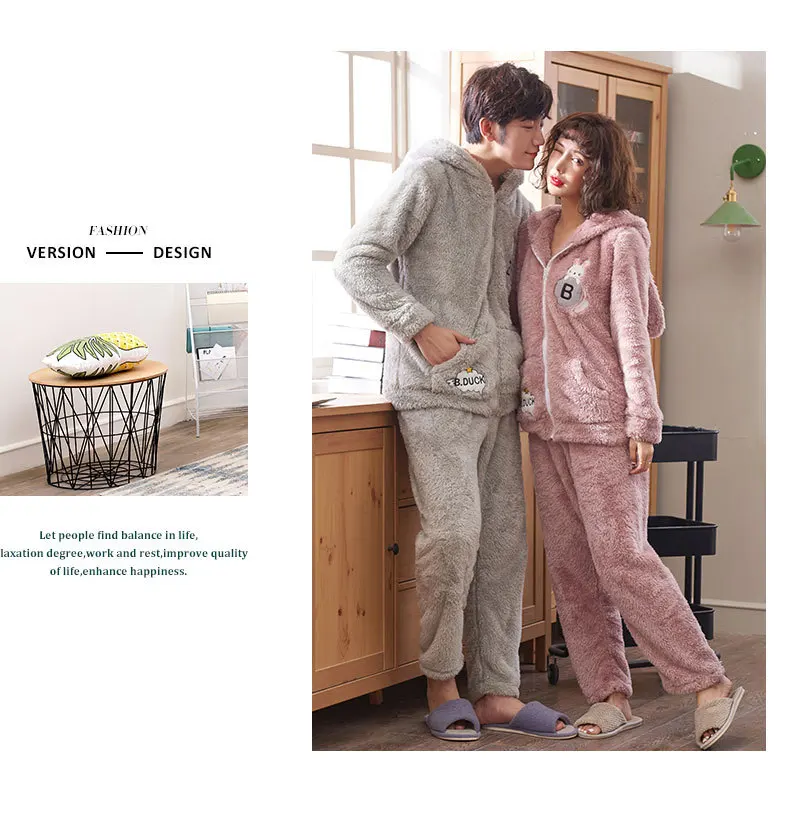 Winter Coral Fleece Couple Cute Cartoon Home Sleepwear Suit Men Warm Hooded Pyjamas Pajama Set Embroidery Rabbit