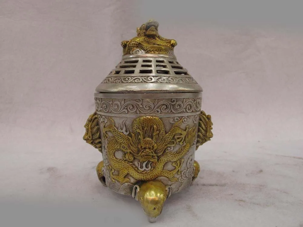 

Tibet Buddhism White Copper silver Gild Evil Dragon Lion Censer incense burner SD 506