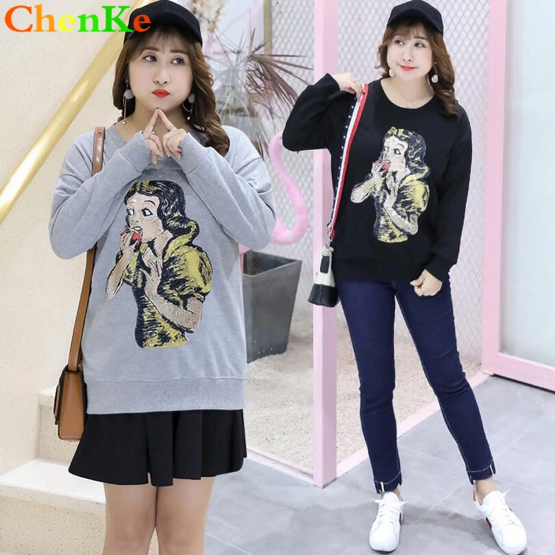 

ChenKe 2018 New Spring Autumn Long Sleeve Snow White Print with Sequins Sweatshirts Women Top Plus Size Loose Casual Sweatshirts