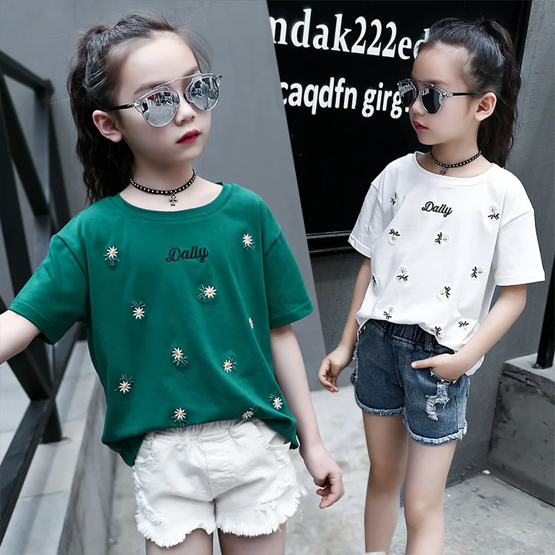 

New Summer Girl T Shirt Embroidered T Shirt for Girl Teenage School Kids Tops Tees Outwear Kid Tees Short Sleeve Cotton T-Shirts