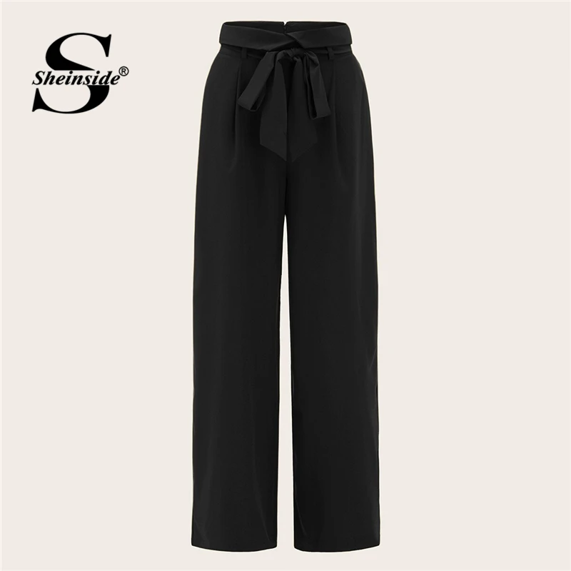

Sheinside Elegant Foldover Waist Belted Pants Women 2019 Summer Wide Leg Trousers Office Ladies Solid High Waist Pants