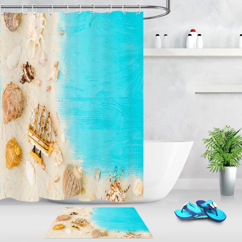 

LB Blue Sea Gold Beach Conch Sailboat Shell Shower Curtains Bathroom Curtain Waterproof Polyester Fabric for Bathtub Home Decor