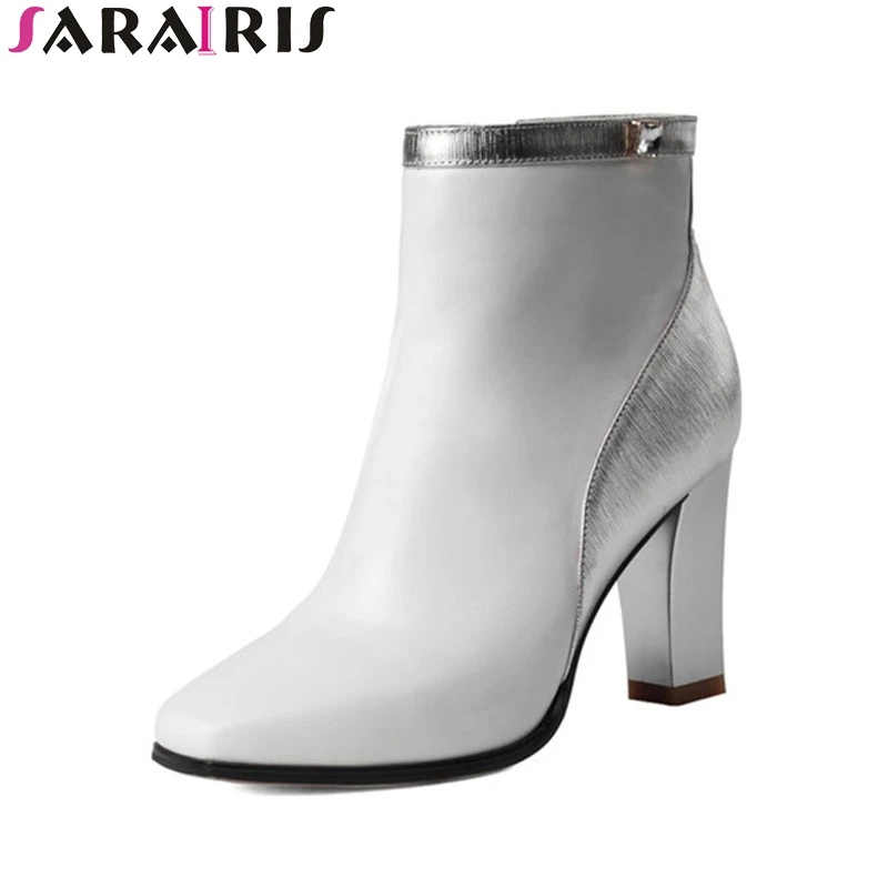 

SARAIRIS 2018 Spring Autumn Fashion Genuine Cow Leather Ankle Boots Zip Addible Fur High Square Heel Women's Shoes Size 34-39