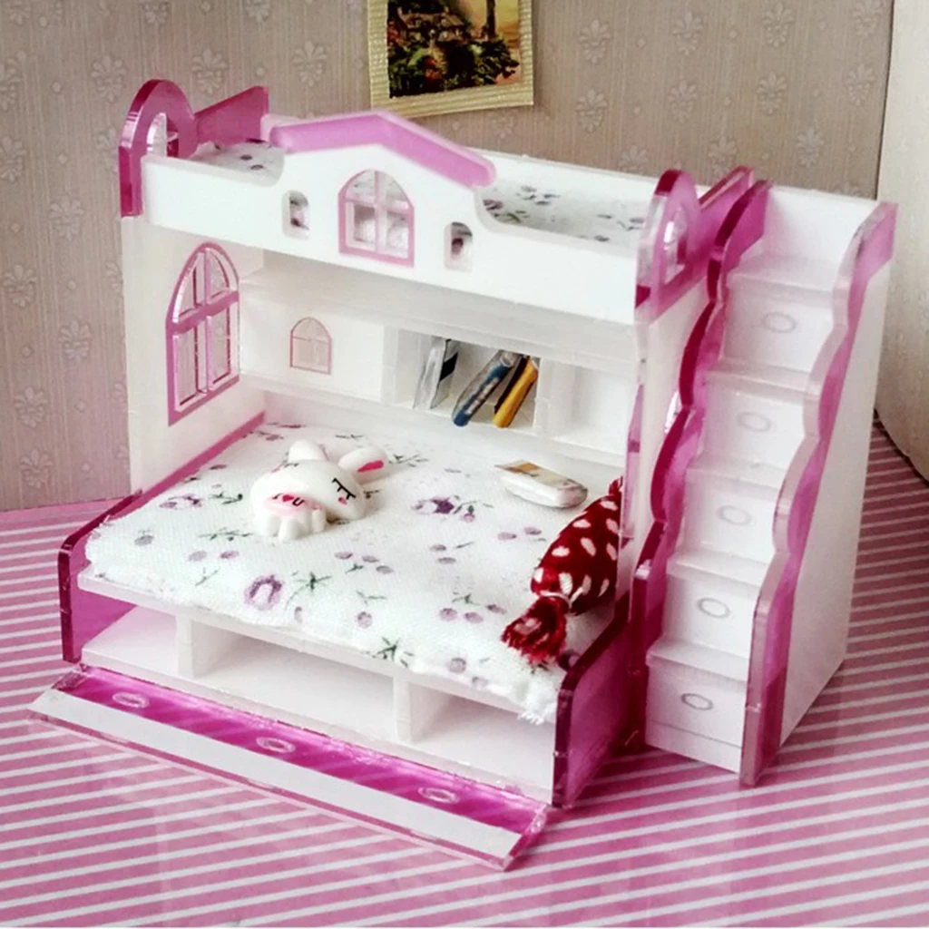 1/12 Dollhouse Miniature Children Bedroom Furniture Bunk Bed Double Bunk With Accessories Purple Color For Little Girls Present