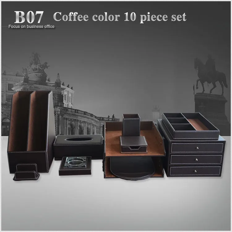 Discount PITEBO 10PCS/set luxury leather office desk stationery file organizer set file cabinet sationery pen box black 3