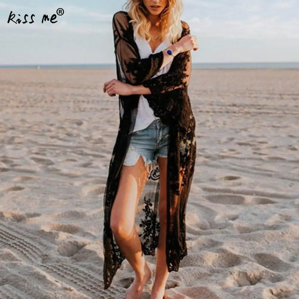 

Sexy Lace Female Long Cardigan Solid Beach Cover Up Women's Tunic White Transparent Beachwear Cover-Ups Summer Clothes for Women