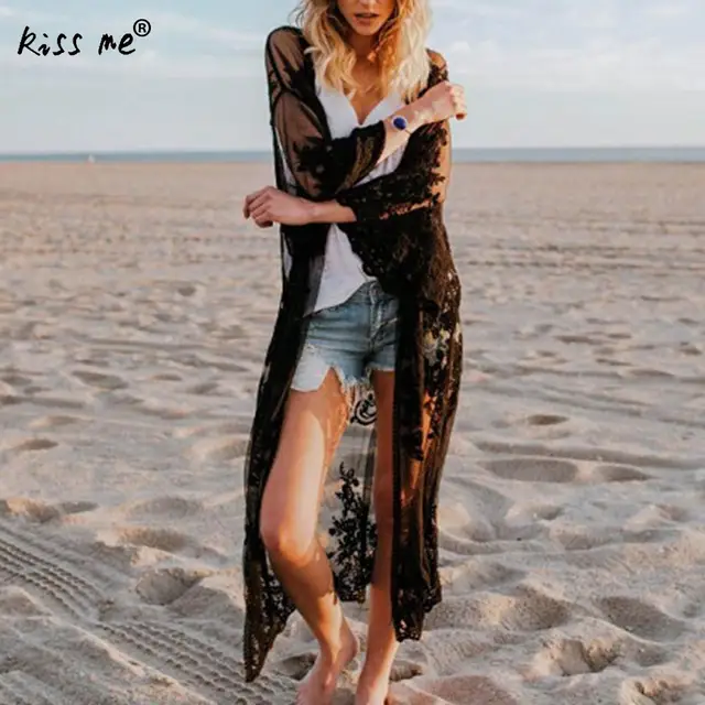 Cheap Sexy Lace Female Long Cardigan Solid Beach Cover Up Women's Tunic White Transparent Beachwear Cover-Ups Summer Clothes for Women