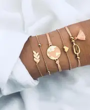 5pcs/set Bohemian Shell Bracelet Earth Love Leaf Tassel Charm Bracelets Set Women Multilayer Chain Rope Bracelet Jewelry Gifts multilayer tassel diamante jewelry set