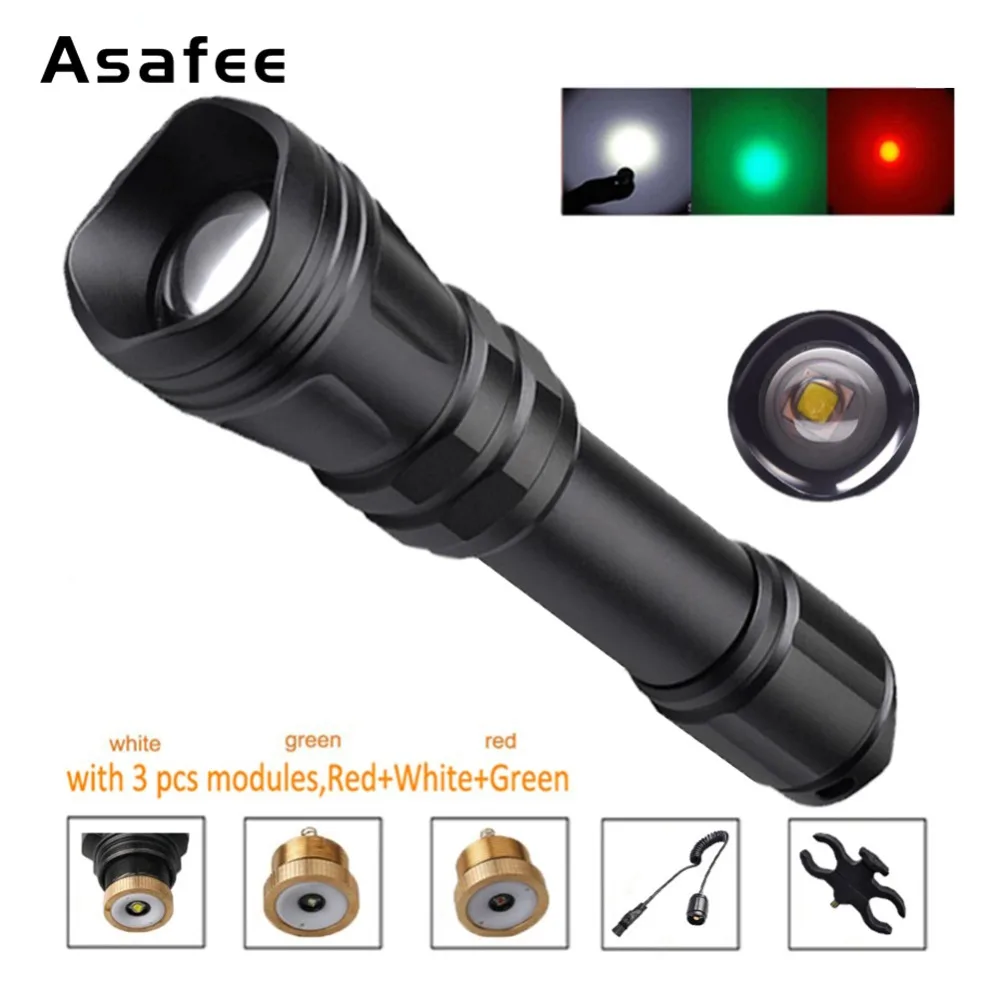 

Asafee B168 Zoom Hunting Flashlight Cree XM-L2 U4 LED Tactical Torch with RED GREEN WHITE Module Gun Mount Remote Switch