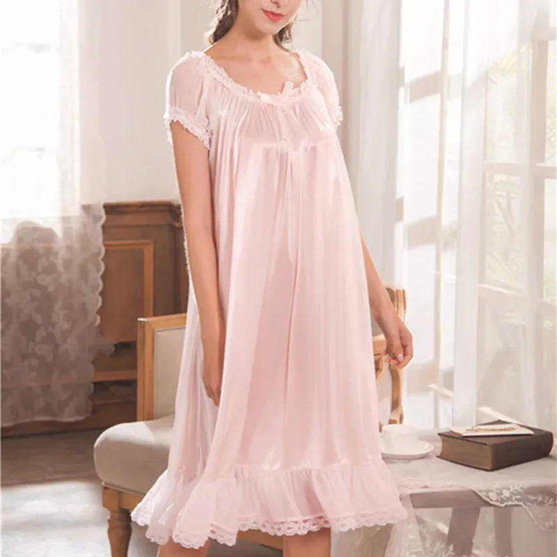 Romantic Sleepwear Women Homedress Short Sleeve Night Wear Cotton Dress White Sleep Shirt