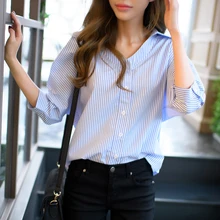 Women Blouses 2017 Summer Navy Style Straight Striped Top Casual Fashion V-neck three quarter sleeve Shirt plus size blusas