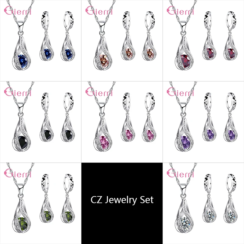 

Luxury Austrian Crystal Water Drop Pendant Necklace Earring Set 925 Sterling Silver Drop Earring Jewelry Sets For Women Gift