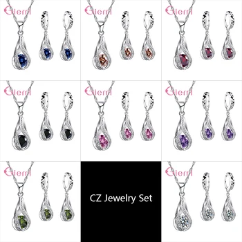 

Luxury Austrian Crystal Water Drop Pendant Necklace Earring Set 925 Sterling Silver Drop Earring Jewelry Sets For Women Gift