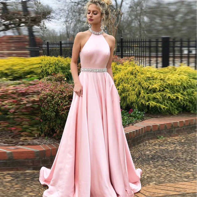 

Rhinestone Belt High Neck Backless Satin Dress Pink Evening Party Gowns vestidos de fiesta Long Graduation Prom Dresses 2019