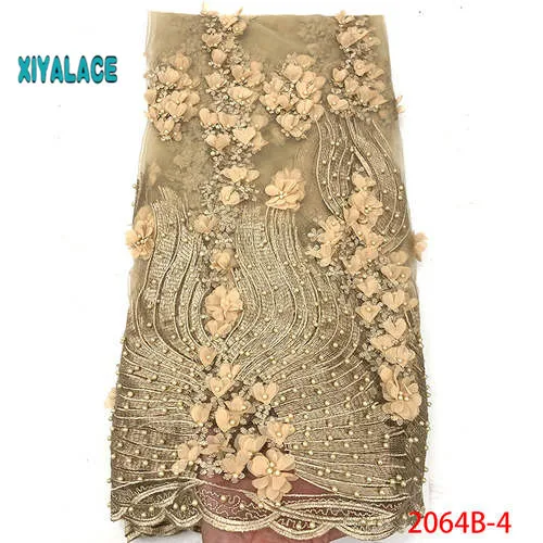 Нигерийская бисерная кружевная ткань высокого качества африканский 3D чистый кружевной материал для свадьбы французский кружевной тюлевый материал для платья YA2064B-1 - Цвет: 2064B-4