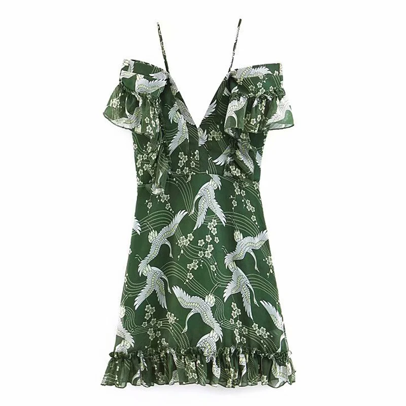 Women's Clothing Dress 2019 Vacation Style Sling Crane Print Chiffon Dress Ms Summer Street Sexy Slim Fit Temperament Clothing