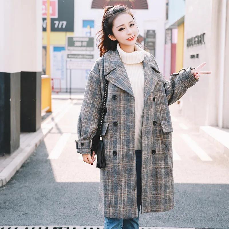 

Autumn And Winter New Fashion Woolen Coat 2019 Women Long Section Retro Check Coat Jacket Double-Breasted Loose Pocket Overcoat