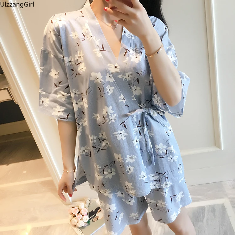 

Plus Size Cotton Summer Print Tie Kimono Blouse Shirt Tee Top Elastic Waist Short Pant Two Piece Sleep Pajama Night Women Korean
