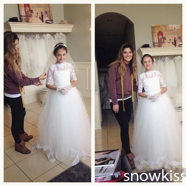 

White/ivory sheer lace boat neck half sleeves wedding flower girl dresses long appliques first communion ball gowns for parties