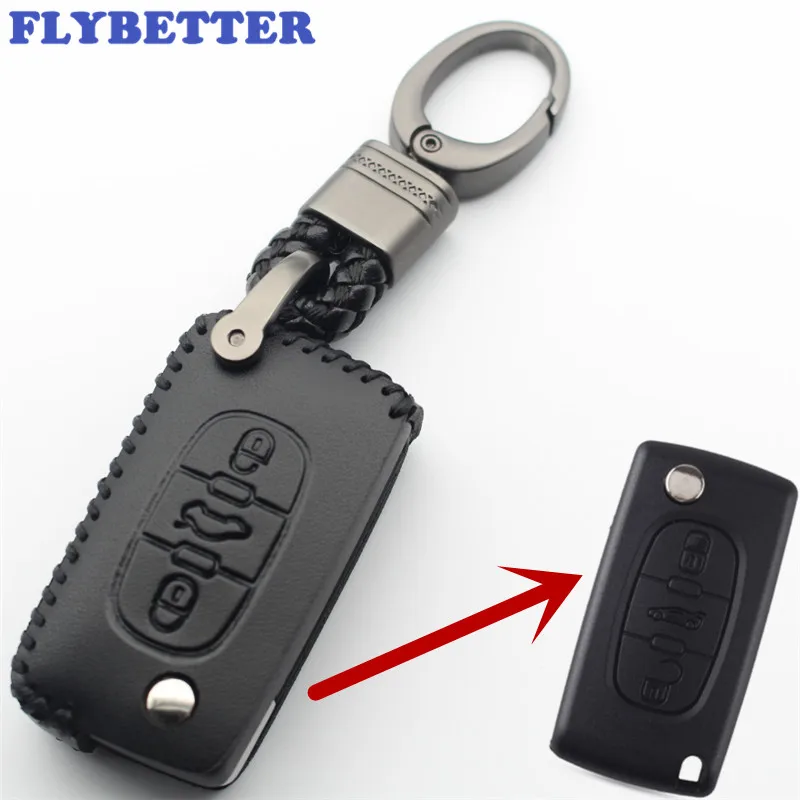 

FLYBETTER Genuine Leather 3Button Flip Remote Key Case Cover For Peugeot 208/307/308/408 For Citroen C2/C3/C4/C5/C6/C8 L385