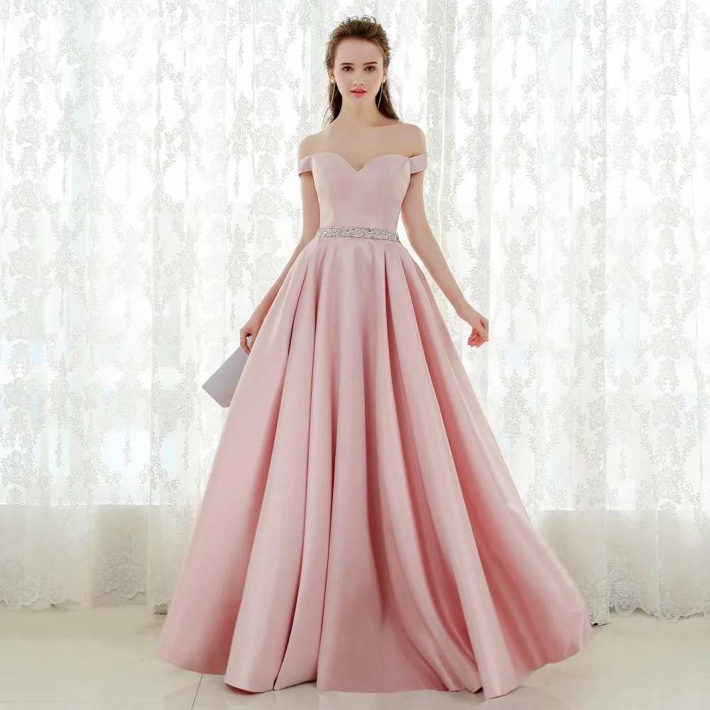 

2019 Satin Lace Maxi Dresses V- neck Pink Floor Length Dresses Party Sexy Maxi Dress Long Gown Dress Off The Shoulder