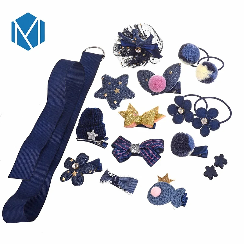 H MISM 1 набор = 18 шт. набор головных уборов Детские аксессуары для волос помпон звезда кролик резинки Цветок Корона бант заколка для волос - Цвет: Navy Blue Set