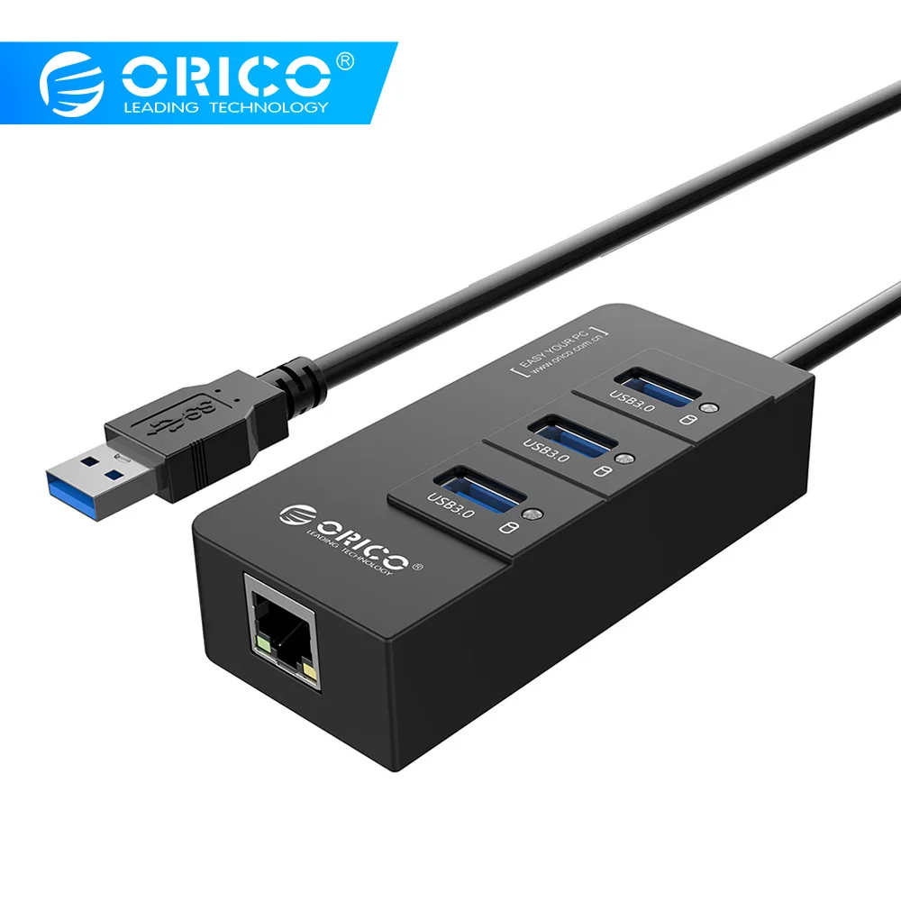 Tanie ORICO HR01 U3 3 porty super prędkość USB3.0 rozgałęźnik hub z zewnętrznym RJ45 Gigabit karta sieciowa ethernet 5 gb s czarny dla Laptop