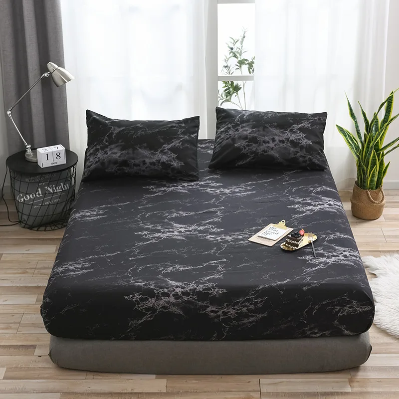 

Black Marble Pattern Bedspread 1pcs 100% Polyester Elastic Bed Cover Fitted Sheet Bed Protector Mattress Dustproof Pillowcases
