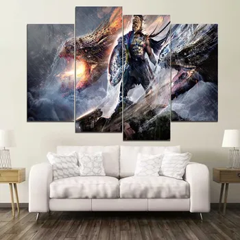 

Spartan With Double Dragons Painting 4 Piece Modular Style Picture High Quality Canvas Print Type Decor Wall Artwork Poster