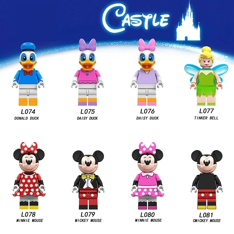 

20Pcs/Lot Legoed Cartoon Minifigured Mickey Duck Minnie Mouse Donald Daisy Tinkerbell Building Blocks Figures Children Toys L074