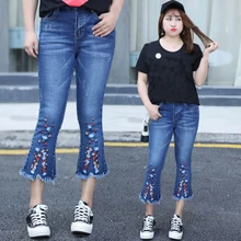 PL015 женский плюс Размеры джинсы, женские брюки узкие Высокая Талия джинсовые расклешенные брюки из джинсовой ткани брюки цветы Ленточки Для женщин брюки
