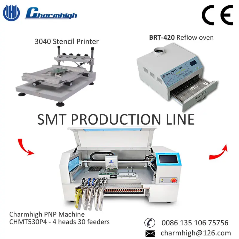 

SMT Production Line 3040 Stencil Printer/ 4 heads CHMT530P4 Pick and Place Machine/ BRT-420 Reflow Oven, Small Batch Production