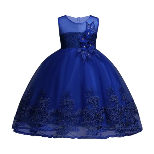 Платья с цветочным принтом для девочек, новинка года, детское свадебное платье с аппликацией, нарядное платье принцессы для девочек, модная одежда принцессы высокого качества - Цвет: Синий