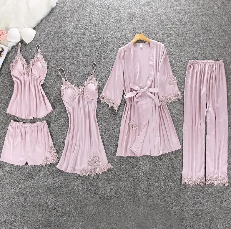 Атласная однотонная кружевная пижама с длинными рукавами для женщин, комплект из 5 предметов, вышивка, для сна, для отдыха с нагрудники, домашняя одежда для сна - Цвет: Pink