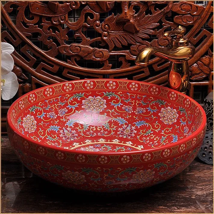 Europe Vintage Style Art Porcelain Red Countertop Basin Sink Handmade Ceramic Bathroom Vessel Sinks Vanities
