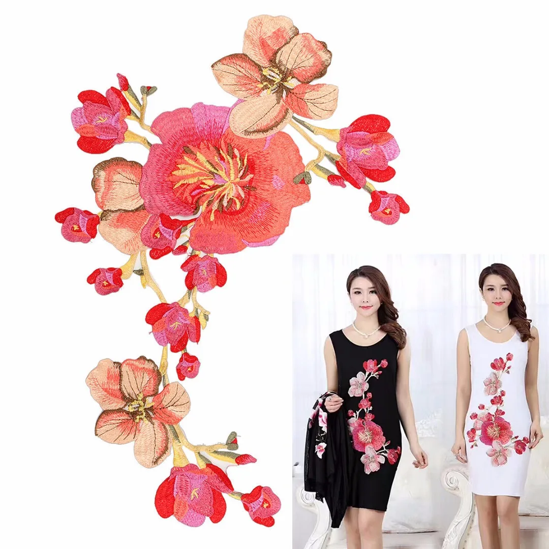 Lotus Blossom Long Flower Applique Clothing Embroidery Patches Sticker Sew On Sew Cloth DIY Clothing Sewing Accessories